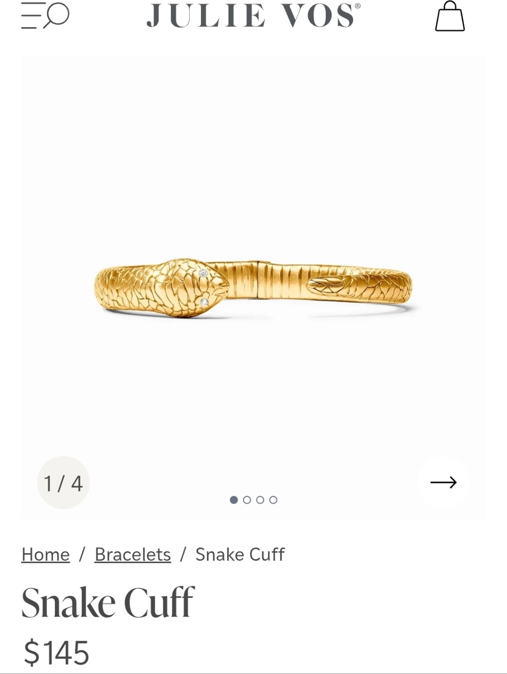 Julie Vos Gold Snake Cuff Bracelet Small - Picture 6 of 8